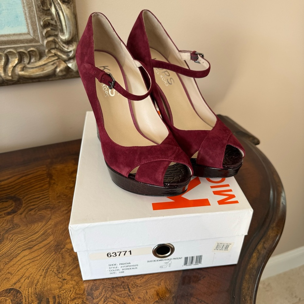 Michael Kors | Padova Platform Heels  Burgundy Suede Patent Size 10 New in Box!!